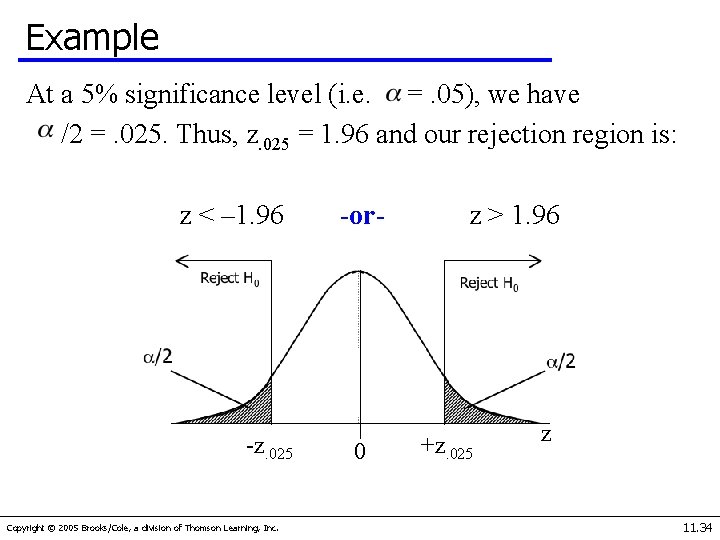Example At a 5% significance level (i. e. =. 05), we have /2 =.