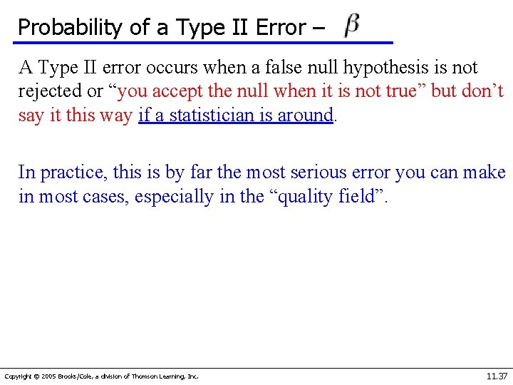 Probability of a Type II Error – A Type II error occurs when a