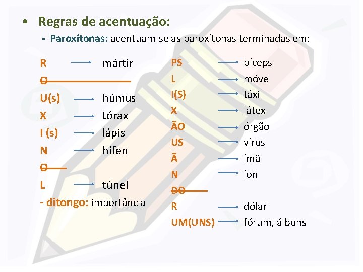  • Regras de acentuação: - Paroxítonas: acentuam-se as paroxítonas terminadas em: R mártir