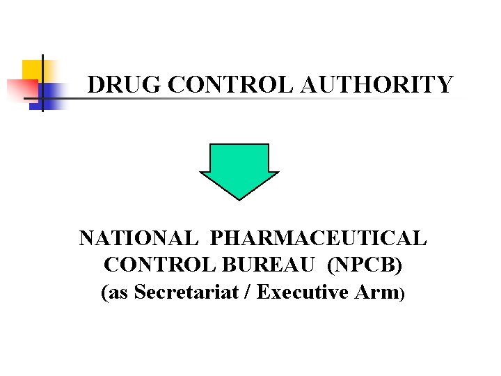 DRUG CONTROL AUTHORITY NATIONAL PHARMACEUTICAL CONTROL BUREAU (NPCB) (as Secretariat / Executive Arm) 