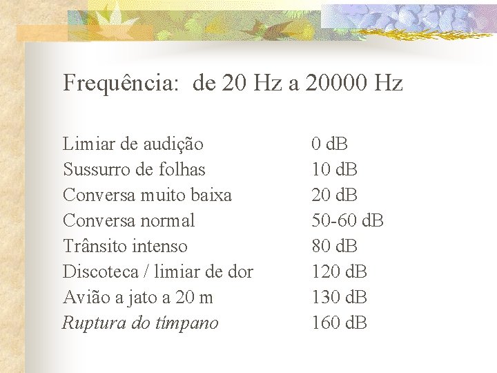 Frequência: de 20 Hz a 20000 Hz Limiar de audição Sussurro de folhas Conversa