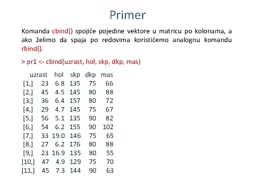 Primer Komanda cbind() spojiće pojedine vektore u matricu po kolonama, a ako želimo da