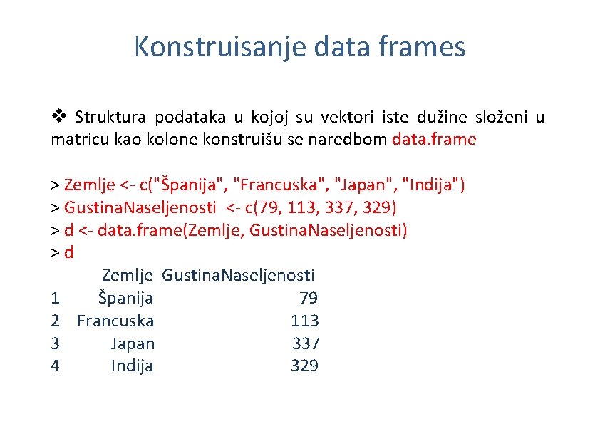 Konstruisanje data frames v Struktura podataka u kojoj su vektori iste dužine složeni u