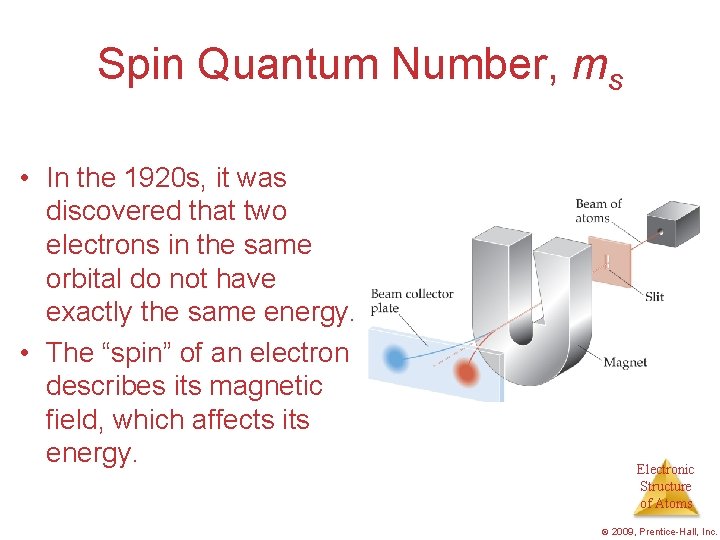 Spin Quantum Number, ms • In the 1920 s, it was discovered that two