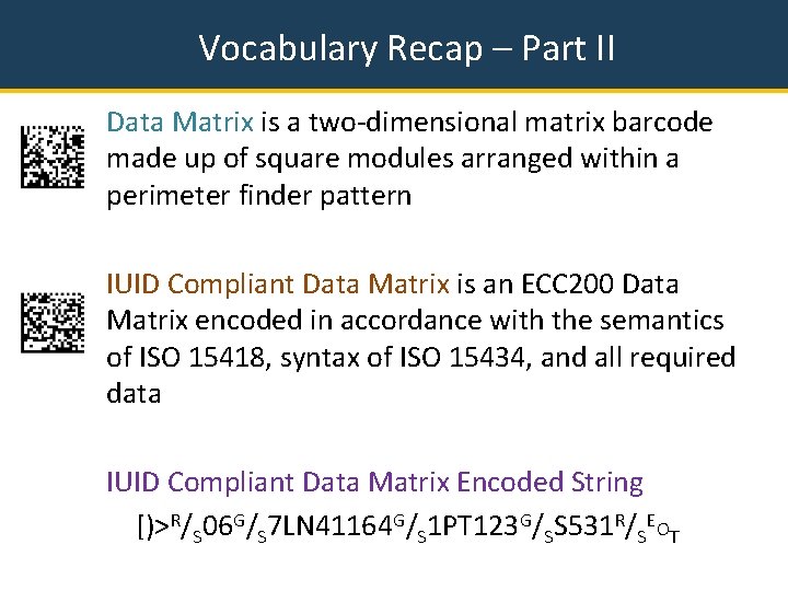 Vocabulary Recap – Part II Data Matrix is a two-dimensional matrix barcode made up