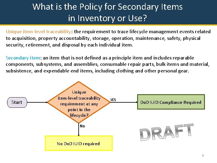 What is the Policy for Secondary Items in Inventory or Use? Unique item-level traceability: