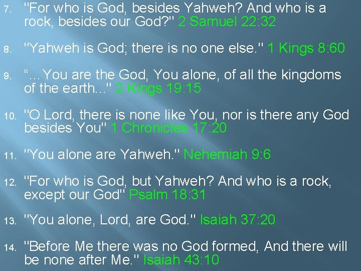 7. "For who is God, besides Yahweh? And who is a rock, besides our