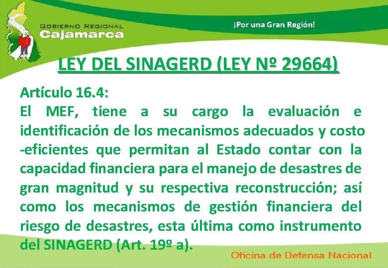 ¡Por una Gran Región! LEY DEL SINAGERD (LEY Nº 29664) Artículo 16. 4: El