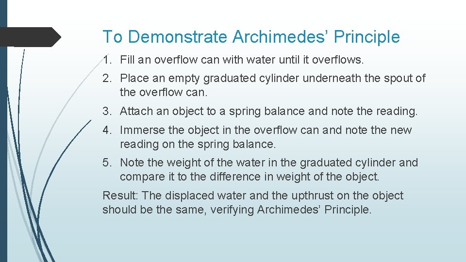 To Demonstrate Archimedes’ Principle 1. Fill an overflow can with water until it overflows.