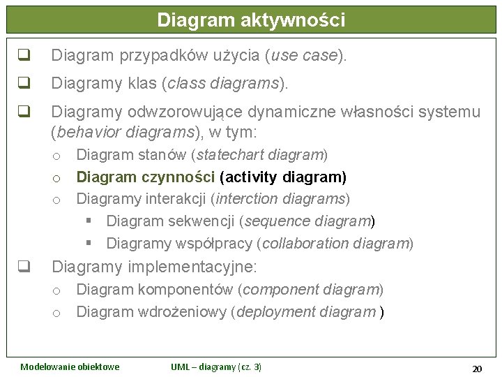 Diagram aktywności q Diagram przypadków użycia (use case). q Diagramy klas (class diagrams). q
