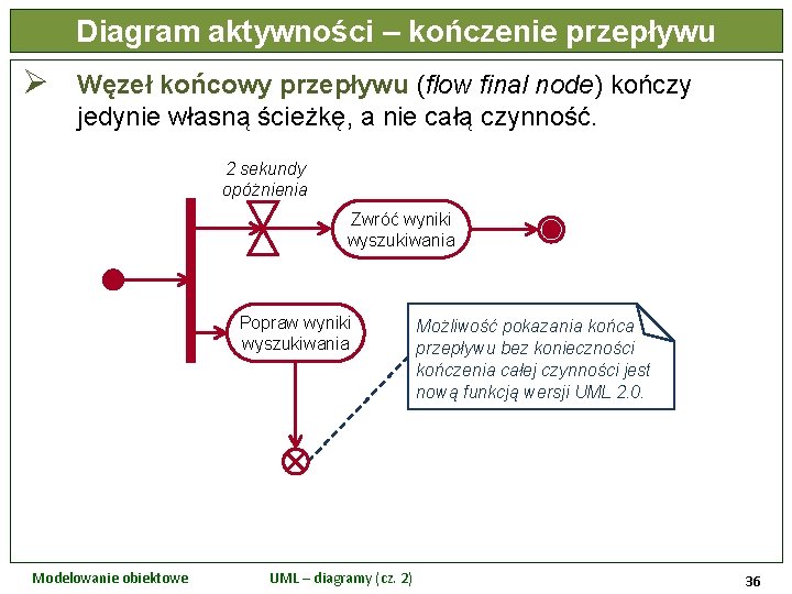 Diagram aktywności – kończenie przepływu Ø Węzeł końcowy przepływu (flow final node) kończy jedynie