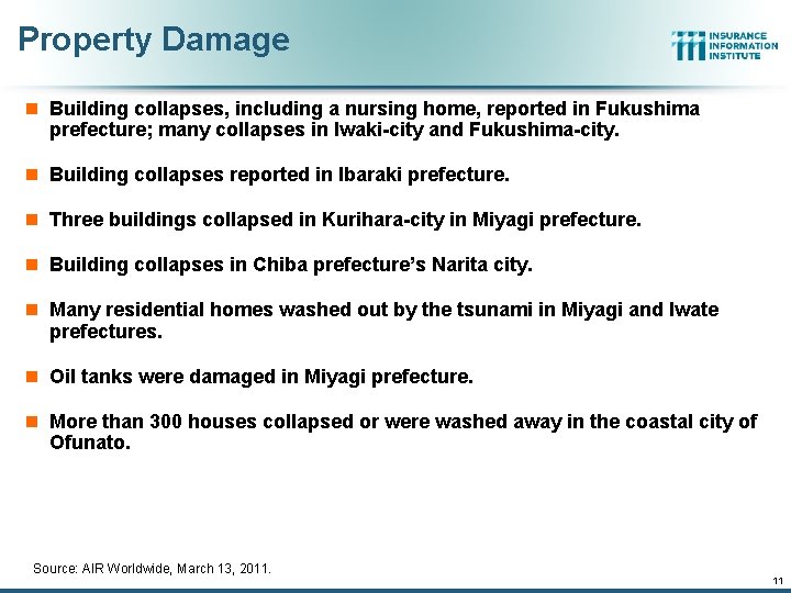 Property Damage n Building collapses, including a nursing home, reported in Fukushima prefecture; many