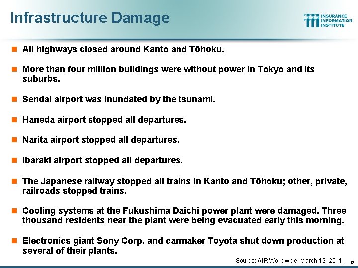 Infrastructure Damage n All highways closed around Kanto and Tōhoku. n More than four