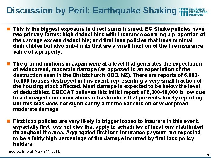 Discussion by Peril: Earthquake Shaking n This is the biggest exposure in direct sums