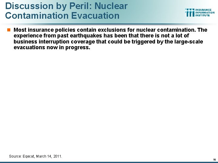 Discussion by Peril: Nuclear Contamination Evacuation n Most insurance policies contain exclusions for nuclear