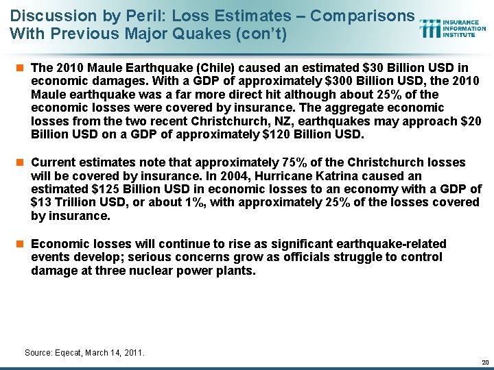 Discussion by Peril: Loss Estimates – Comparisons With Previous Major Quakes (con’t) n The
