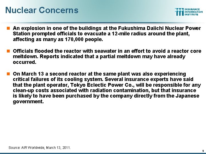 Nuclear Concerns n An explosion in one of the buildings at the Fukushima Daiichi