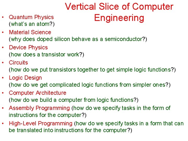 Vertical Slice of Computer Engineering • Quantum Physics (what’s an atom? ) • Material