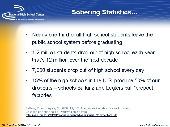 Sobering Statistics… • Nearly one-third of all high school students leave the public school