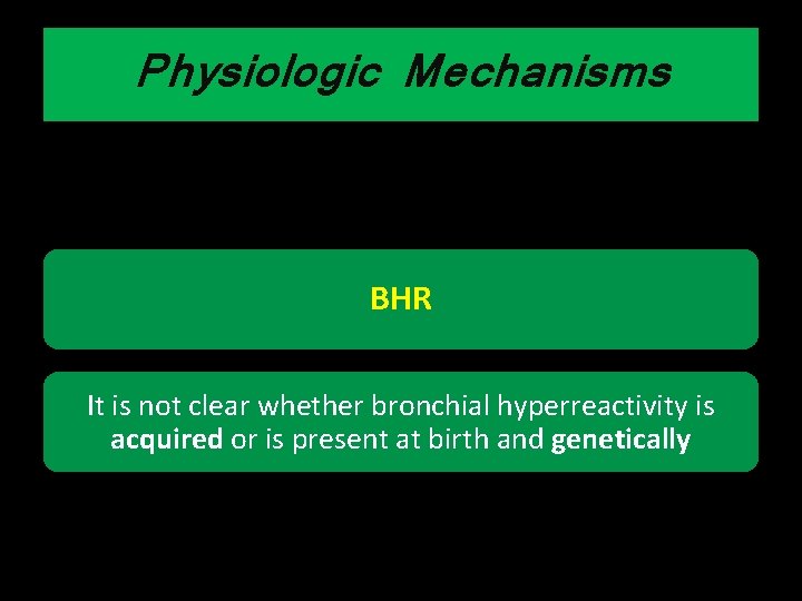 Physiologic Mechanisms BHR It is not clear whether bronchial hyperreactivity is acquired or is