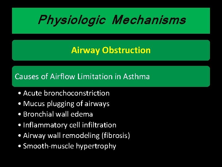 Physiologic Mechanisms Airway Obstruction Causes of Airflow Limitation in Asthma • Acute bronchoconstriction •