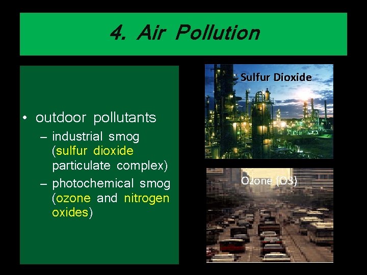 4. Air Pollution Sulfur Dioxide • outdoor pollutants – industrial smog (sulfur dioxide particulate