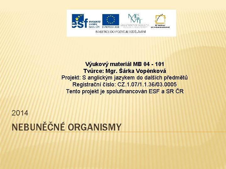 Výukový materiál MB 04 - 101 Tvůrce: Mgr. Šárka Vopěnková Projekt: S anglickým jazykem
