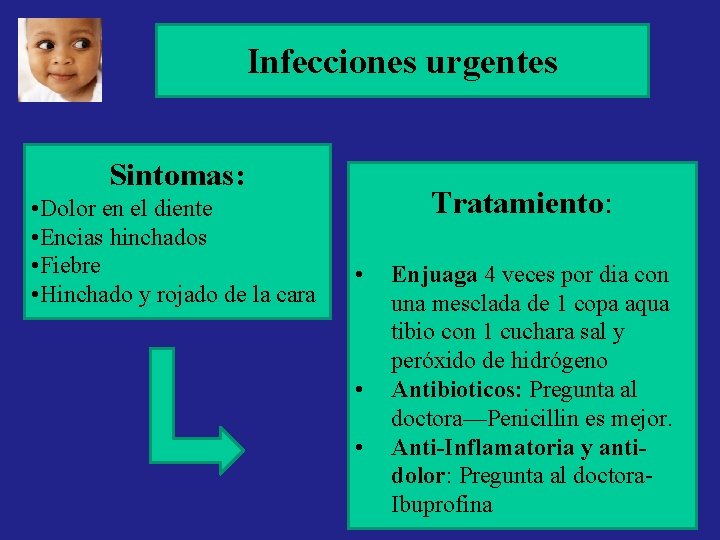 Infecciones urgentes Sintomas: • Dolor en el diente • Encias hinchados • Fiebre • Infecciones urgentes Sintomas: • Dolor en el diente • Encias hinchados • Fiebre •