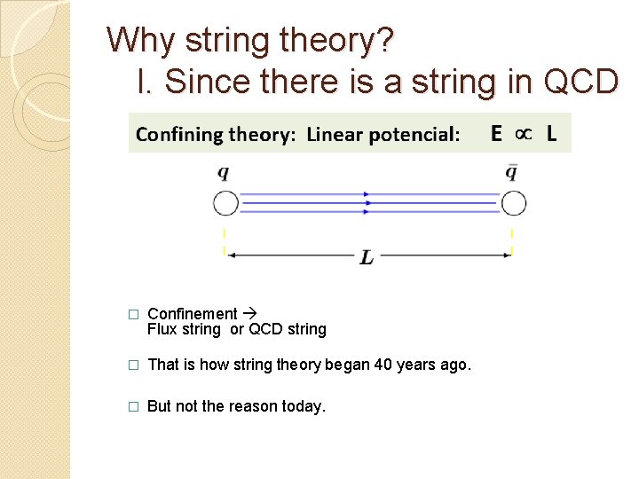 Why string theory? I. Since there is a string in QCD � Confinement Flux