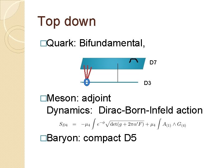 Top down �Quark: Bifundamental, D 7 D 3 �Meson: adjoint Dynamics: Dirac-Born-Infeld action �Baryon: