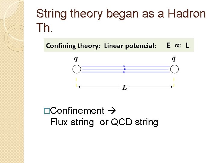 String theory began as a Hadron Th. �Confinement Flux string or QCD string 