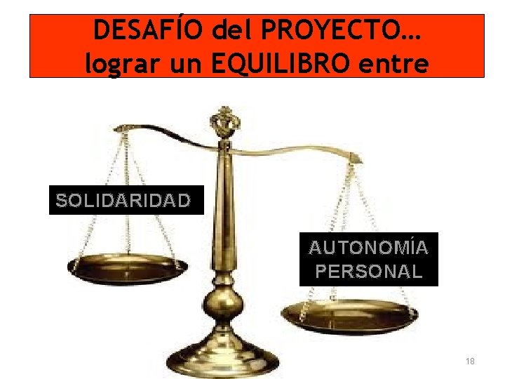 DESAFÍO del PROYECTO… lograr un EQUILIBRO entre SOLIDARIDAD AUTONOMÍA PERSONAL 18 