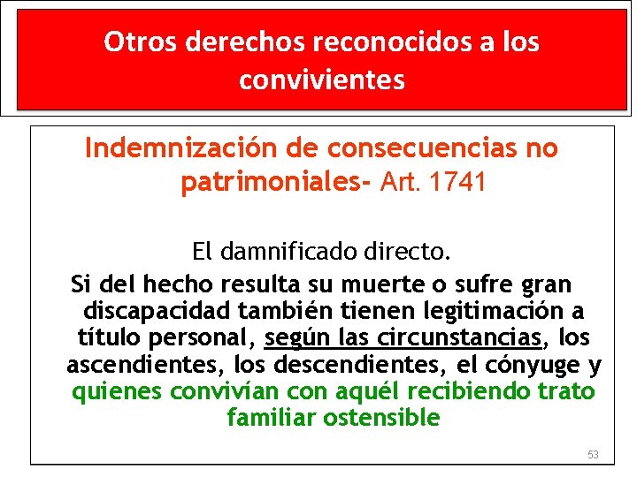 Otros derechos reconocidos a los convivientes Indemnización de consecuencias no patrimoniales- Art. 1741 El