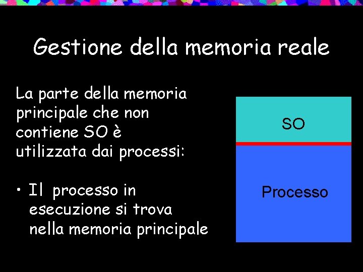 Gestione della memoria reale La parte della memoria principale che non contiene SO è