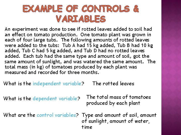 EXAMPLE OF CONTROLS & VARIABLES An experiment was done to see if rotted leaves