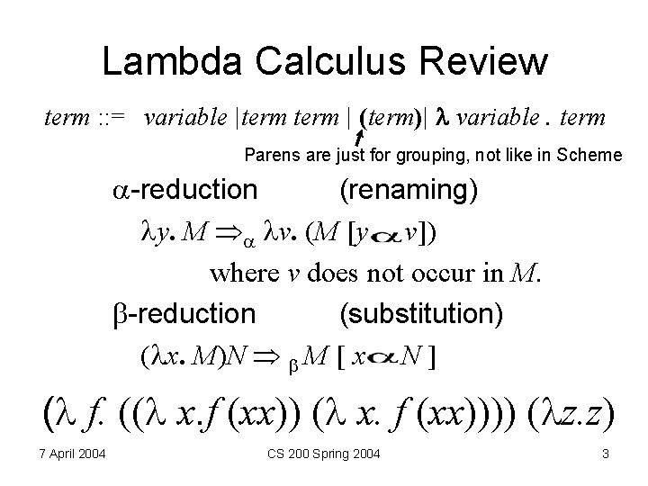 Lambda Calculus Review term : : = variable |term | (term)| variable. term Parens