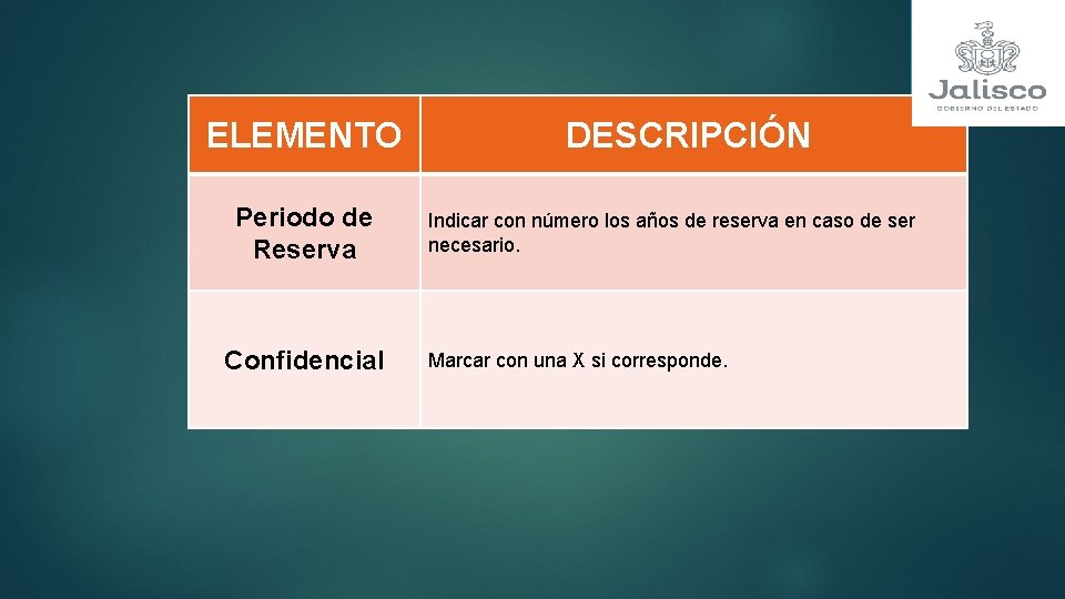 ELEMENTO Periodo de Reserva Confidencial DESCRIPCIÓN Indicar con número los años de reserva en