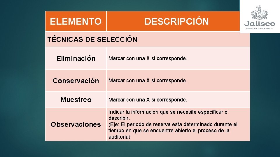 ELEMENTO DESCRIPCIÓN TÉCNICAS DE SELECCIÓN Eliminación Marcar con una X si corresponde. Conservación Marcar