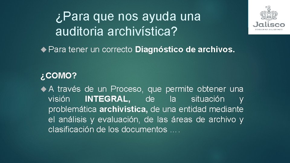 ¿Para que nos ayuda una auditoria archivística? Para tener un correcto Diagnóstico de archivos.