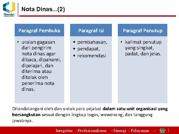 Nota Dinas. . . (2) Paragraf Pembuka Paragraf Isi Paragraf Penutup • uraian gagasan
