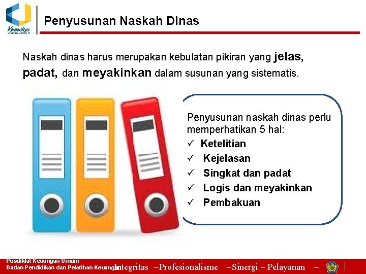 Penyusunan Naskah Dinas Naskah dinas harus merupakan kebulatan pikiran yang jelas, padat, dan meyakinkan