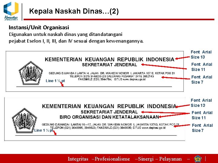 Kepala Naskah Dinas…(2) Instansi/Unit Organisasi Digunakan untuk naskah dinas yang ditandatangani pejabat Eselon I,