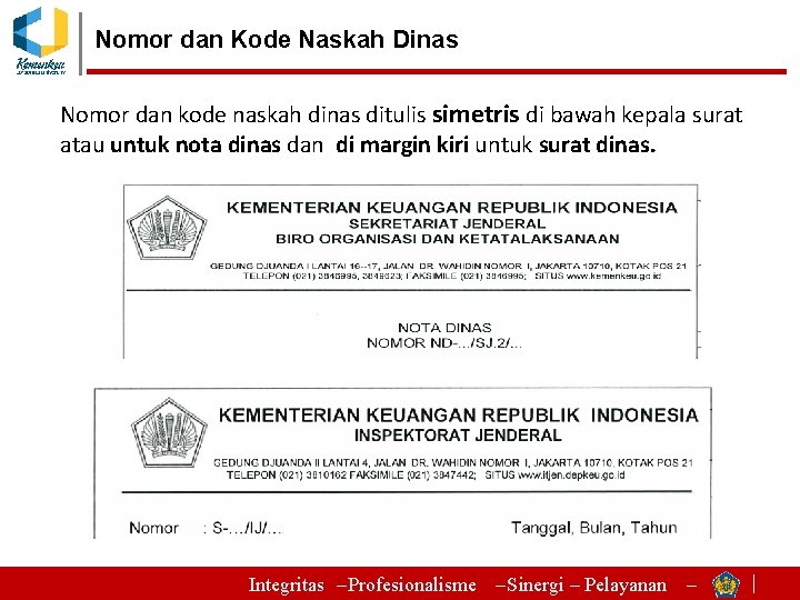 Nomor dan Kode Naskah Dinas Nomor dan kode naskah dinas ditulis simetris di bawah