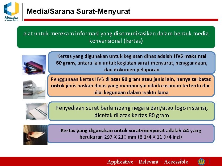Media/Sarana Surat-Menyurat alat untuk merekam informasi yang dikomunikasikan dalam bentuk media konvensional (kertas) Kertas