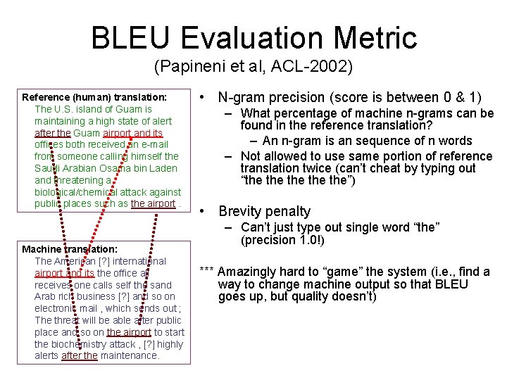 BLEU Evaluation Metric (Papineni et al, ACL-2002) Reference (human) translation: The U. S. island BLEU Evaluation Metric (Papineni et al, ACL-2002) Reference (human) translation: The U. S. island