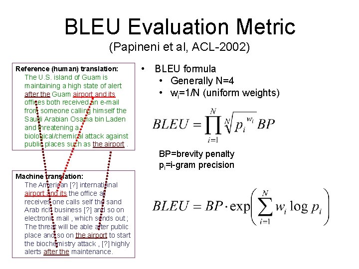 BLEU Evaluation Metric (Papineni et al, ACL-2002) Reference (human) translation: The U. S. island BLEU Evaluation Metric (Papineni et al, ACL-2002) Reference (human) translation: The U. S. island