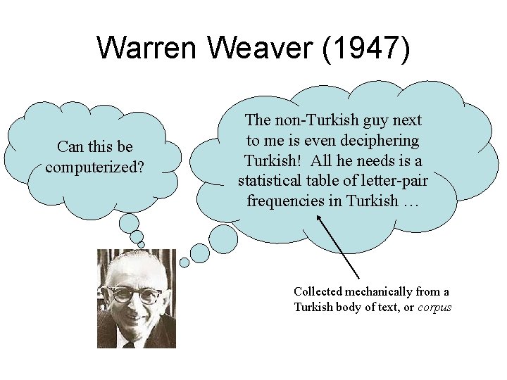 Warren Weaver (1947) Can this be computerized? The non-Turkish guy next to me is Warren Weaver (1947) Can this be computerized? The non-Turkish guy next to me is