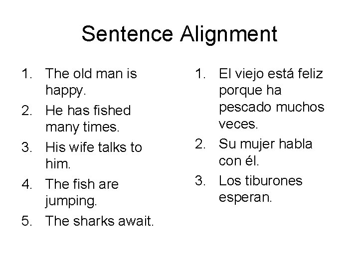 Sentence Alignment 1. The old man is happy. 2. He has fished many times. Sentence Alignment 1. The old man is happy. 2. He has fished many times.