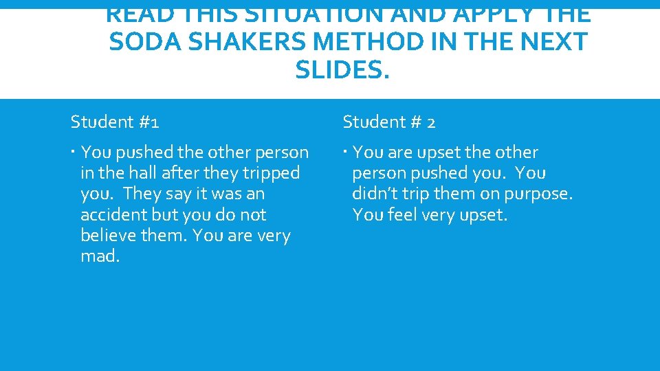 READ THIS SITUATION AND APPLY THE SODA SHAKERS METHOD IN THE NEXT SLIDES. Student READ THIS SITUATION AND APPLY THE SODA SHAKERS METHOD IN THE NEXT SLIDES. Student