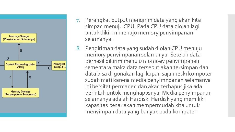 7. Perangkat output mengirim data yang akan kita simpan menuju CPU. Pada CPU data 7. Perangkat output mengirim data yang akan kita simpan menuju CPU. Pada CPU data